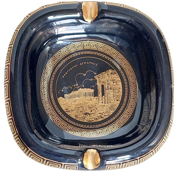 Vtg Black Porcelain Ashtray with‎ 24K Gold Trim Greek Athens Parthenon Acropolis - Picture 1 of 16
